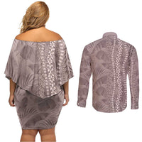 Hawaii Prince Kuhio Couples Matching Off Shoulder Short Dress and Long Sleeve Button Shirt Mocha Hawaiian Lau Maia With Leis LT05 - Polynesian Pride