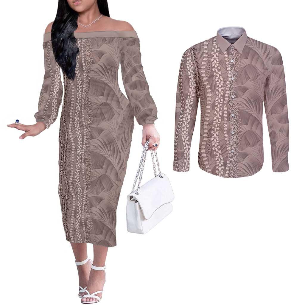 Hawaii Prince Kuhio Couples Matching Off The Shoulder Long Sleeve Dress and Long Sleeve Button Shirt Mocha Hawaiian Lau Maia With Leis LT05 Mocha - Polynesian Pride