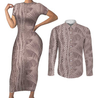 Hawaii Prince Kuhio Couples Matching Short Sleeve Bodycon Dress and Long Sleeve Button Shirt Mocha Hawaiian Lau Maia With Leis LT05 Mocha - Polynesian Pride