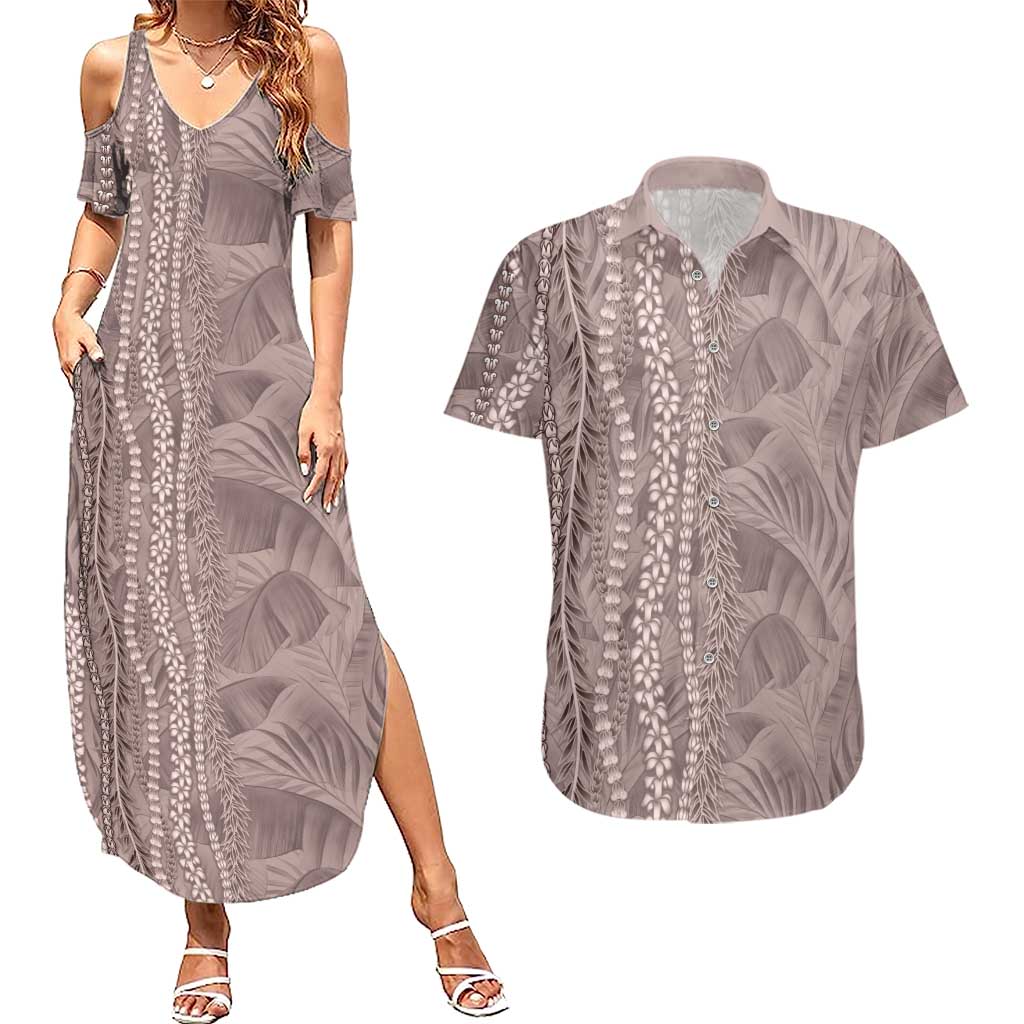 Hawaii Prince Kuhio Couples Matching Summer Maxi Dress and Hawaiian Shirt Mocha Hawaiian Lau Maia With Leis