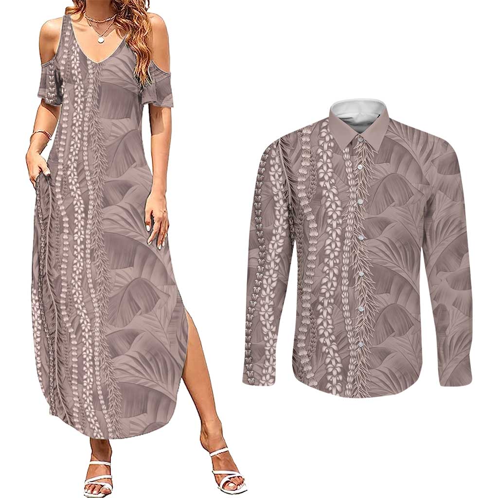 Hawaii Prince Kuhio Couples Matching Summer Maxi Dress and Long Sleeve Button Shirt Mocha Hawaiian Lau Maia With Leis