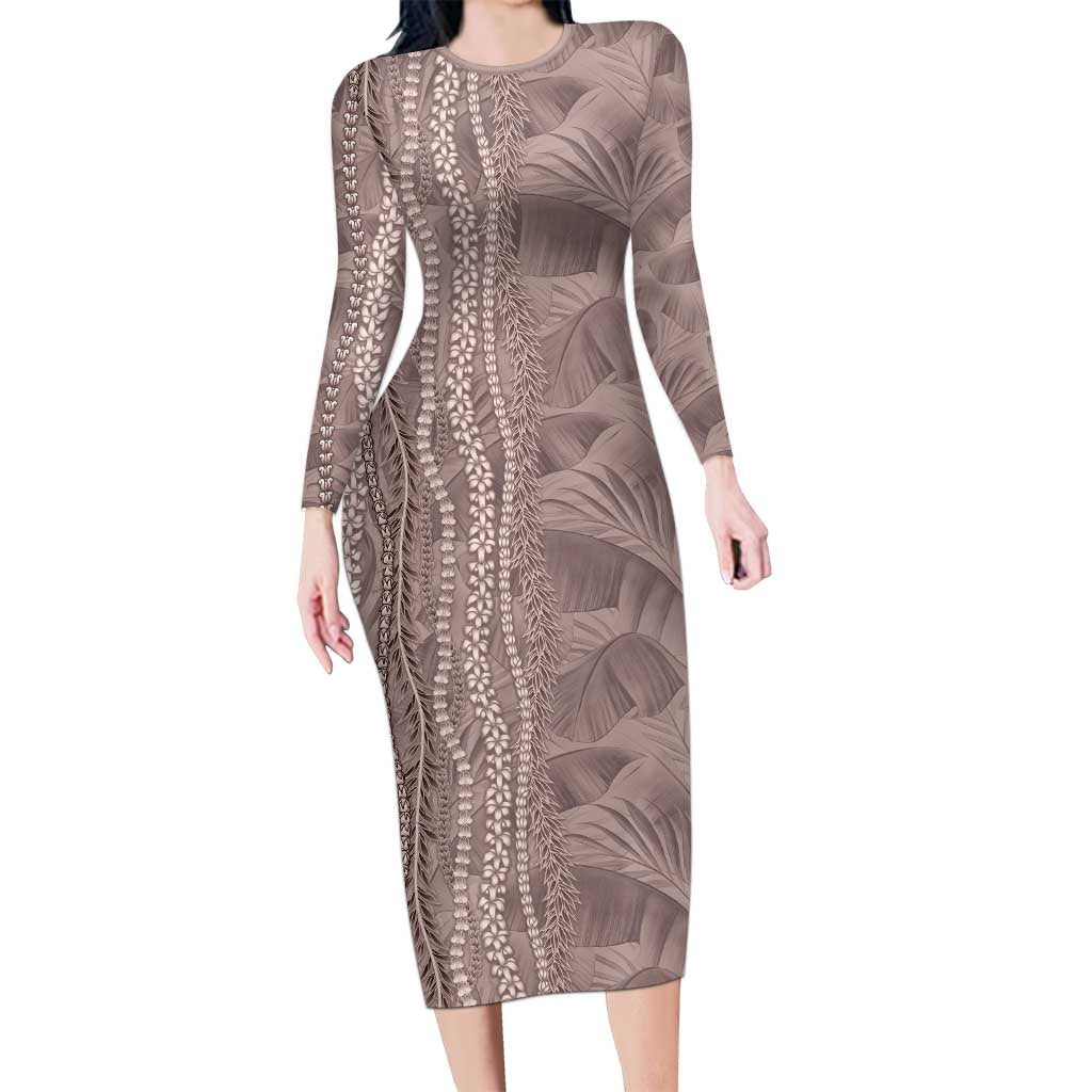 Hawaii Prince Kuhio Family Matching Long Sleeve Bodycon Dress and Hawaiian Shirt Mocha Hawaiian Lau Maia With Leis LT05 Mom's Dress Mocha - Polynesian Pride