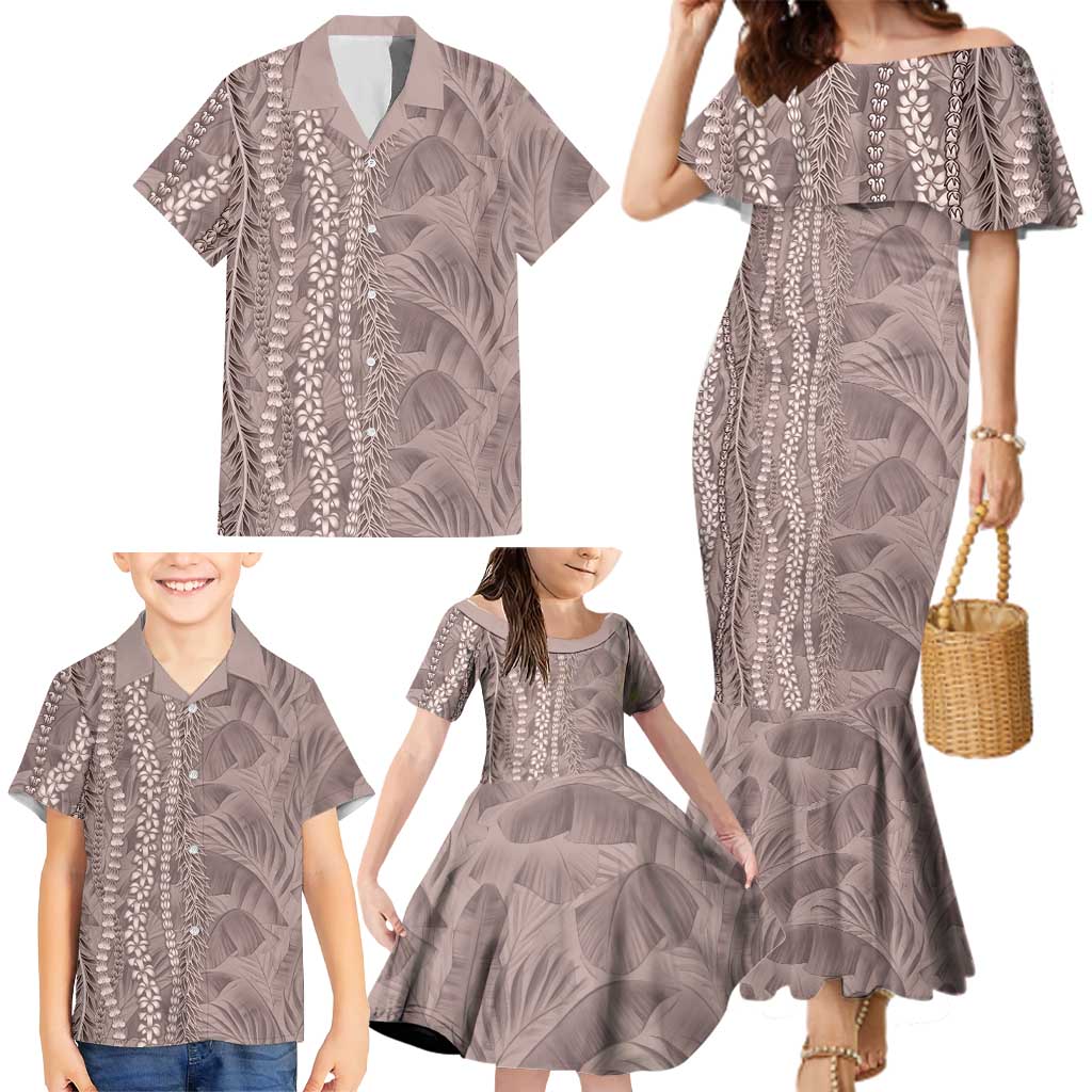 Hawaii Prince Kuhio Family Matching Mermaid Dress and Hawaiian Shirt Mocha Hawaiian Lau Maia With Leis