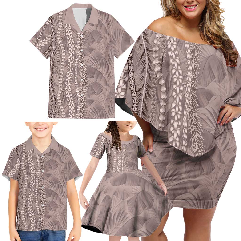 Hawaii Prince Kuhio Family Matching Off Shoulder Short Dress and Hawaiian Shirt Mocha Hawaiian Lau Maia With Leis