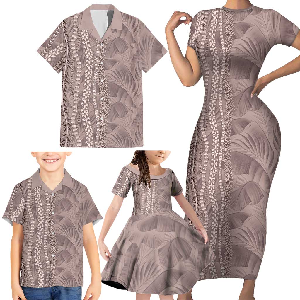 Hawaii Prince Kuhio Family Matching Short Sleeve Bodycon Dress and Hawaiian Shirt Mocha Hawaiian Lau Maia With Leis LT05 - Polynesian Pride