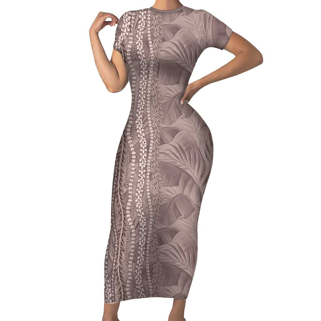 Hawaii Prince Kuhio Family Matching Short Sleeve Bodycon Dress and Hawaiian Shirt Mocha Hawaiian Lau Maia With Leis LT05 Mom's Dress Mocha - Polynesian Pride