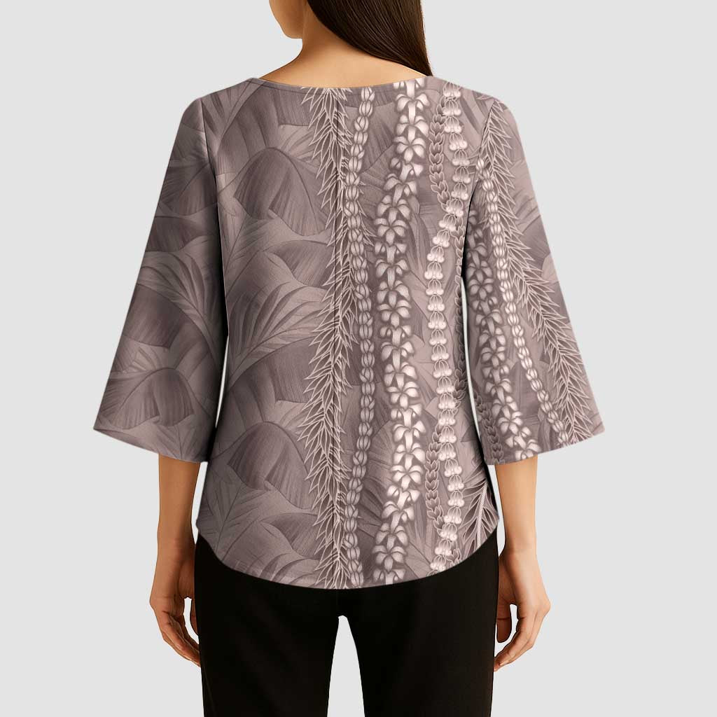 Hawaii Prince Kuhio Kimono Sleeve Blouse Mocha Hawaiian Lau Maia With Leis