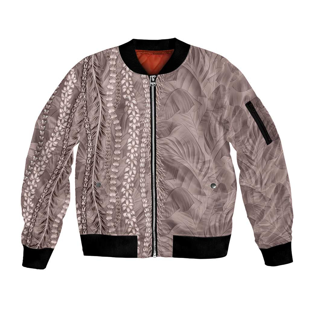 Hawaii Prince Kuhio Sleeve Zip Bomber Jacket Mocha Hawaiian Lau Maia With Leis