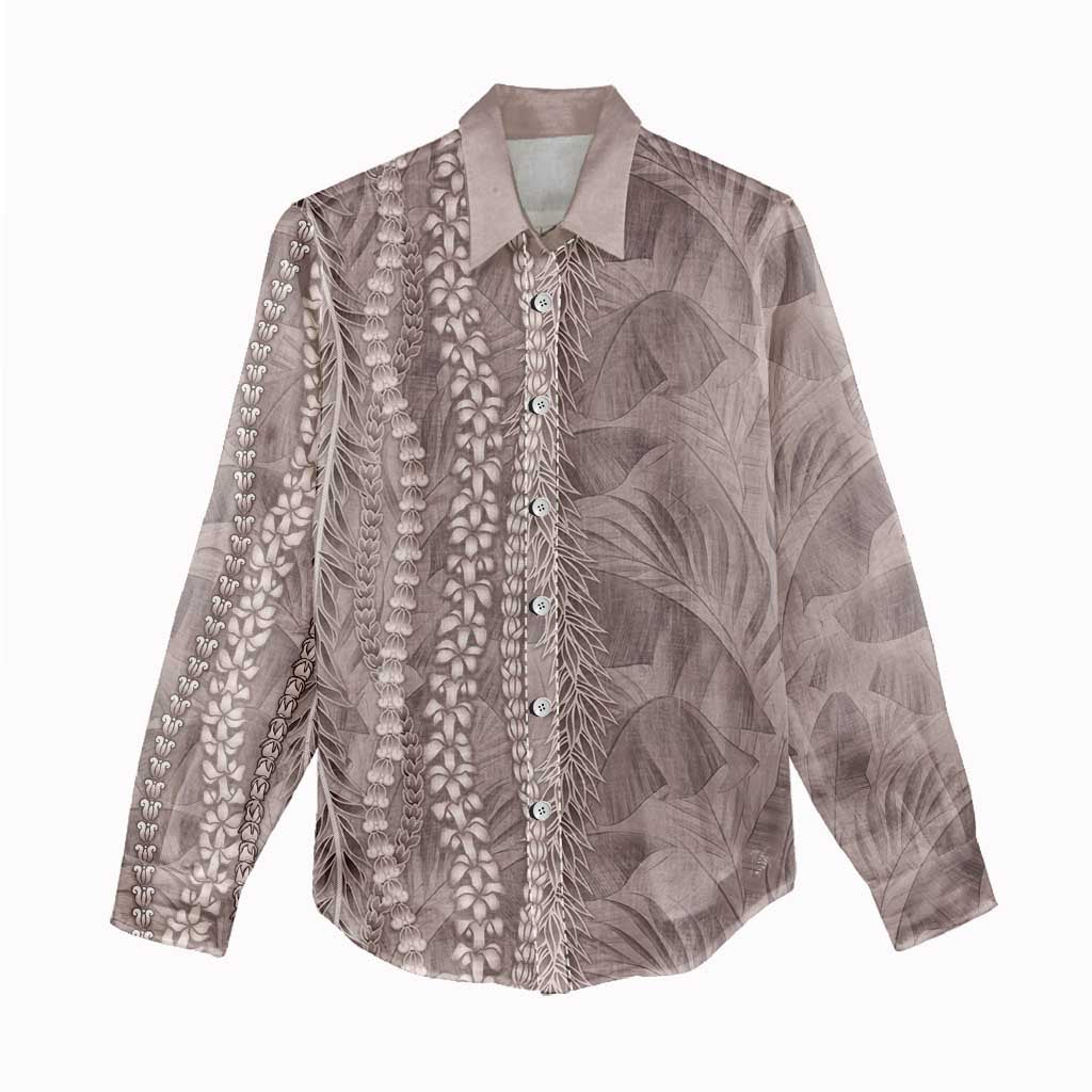 Hawaii Prince Kuhio Women Casual Shirt Mocha Hawaiian Lau Maia With Leis