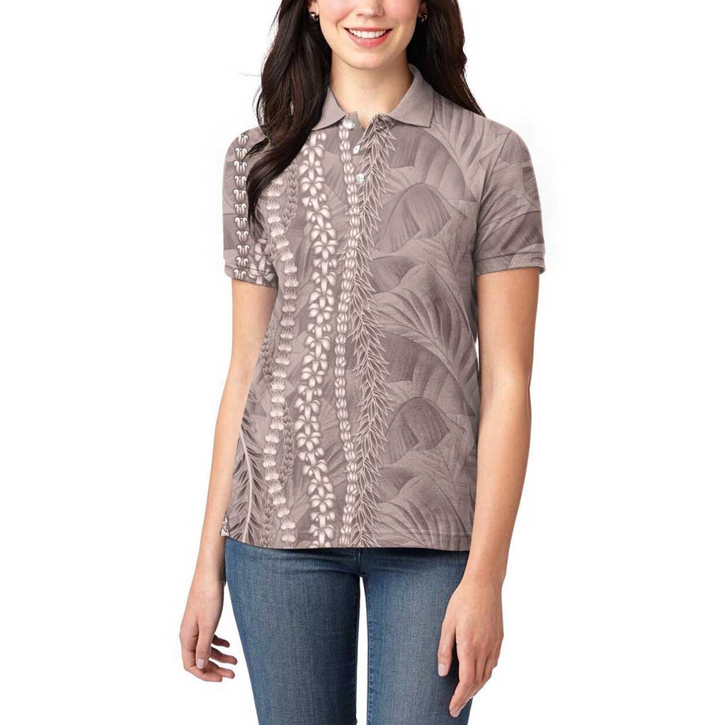 Hawaii Prince Kuhio Women Polo Shirt Mocha Hawaiian Lau Maia With Leis