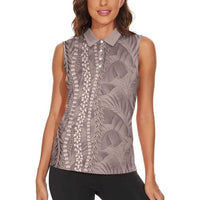 Hawaii Prince Kuhio Women Sleeveless Polo Shirt Mocha Hawaiian Lau Maia With Leis