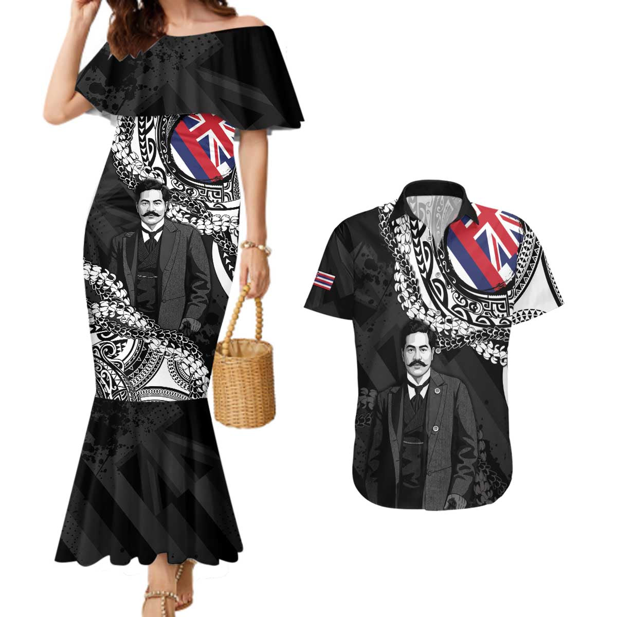 Personalised Hawaii Prince Kuhio Couples Matching Mermaid Dress and Hawaiian Shirt Hawaiian Maile Lei