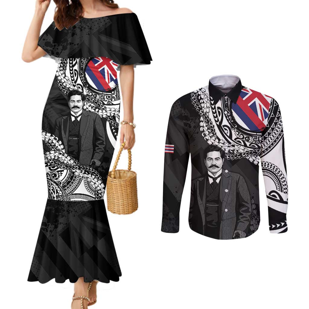 Personalised Hawaii Prince Kuhio Couples Matching Mermaid Dress and Long Sleeve Button Shirt Hawaiian Maile Lei