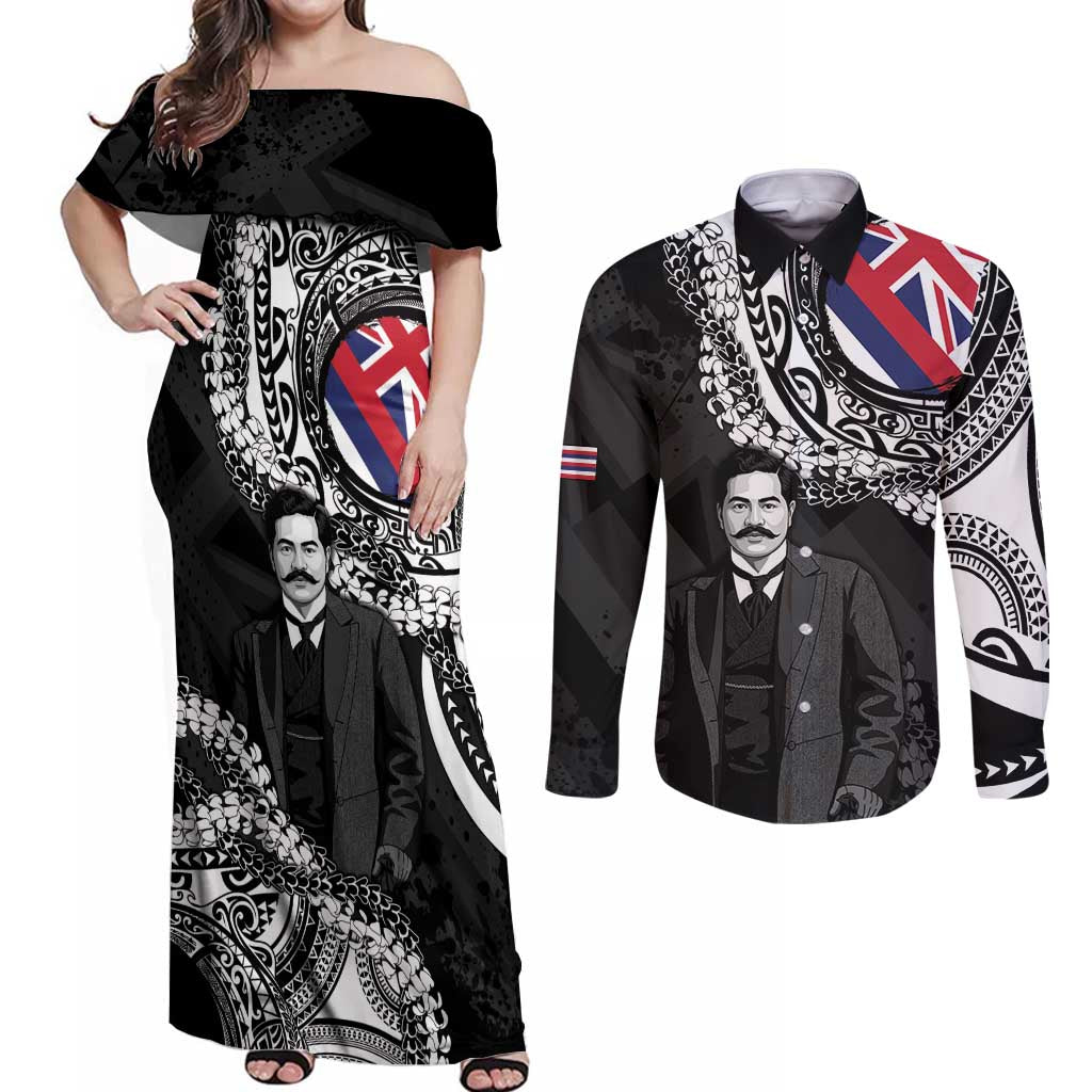 Personalised Hawaii Prince Kuhio Couples Matching Off Shoulder Maxi Dress and Long Sleeve Button Shirt Hawaiian Maile Lei