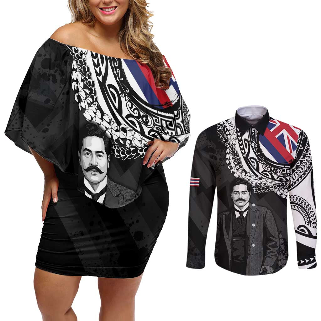 Personalised Hawaii Prince Kuhio Couples Matching Off Shoulder Short Dress and Long Sleeve Button Shirt Hawaiian Maile Lei