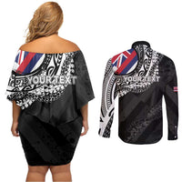 Personalised Hawaii Prince Kuhio Couples Matching Off Shoulder Short Dress and Long Sleeve Button Shirt Hawaiian Maile Lei