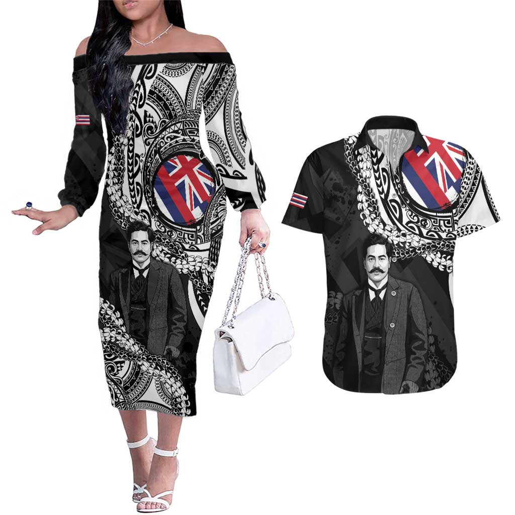 Personalised Hawaii Prince Kuhio Couples Matching Off The Shoulder Long Sleeve Dress and Hawaiian Shirt Hawaiian Maile Lei LT05 Black - Polynesian Pride