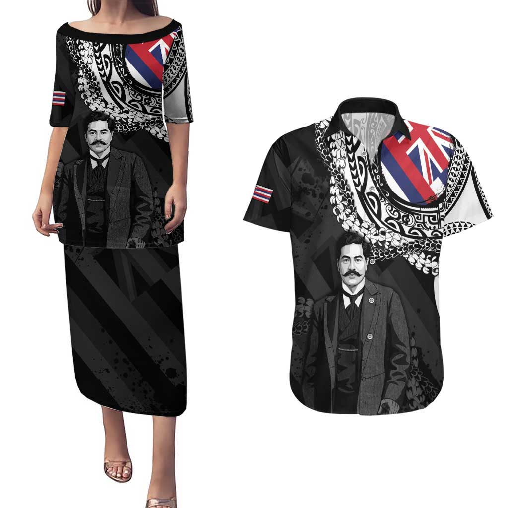 Personalised Hawaii Prince Kuhio Couples Matching Puletasi and Hawaiian Shirt Hawaiian Maile Lei LT05 Black - Polynesian Pride