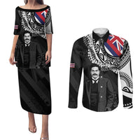 Personalised Hawaii Prince Kuhio Couples Matching Puletasi and Long Sleeve Button Shirt Hawaiian Maile Lei