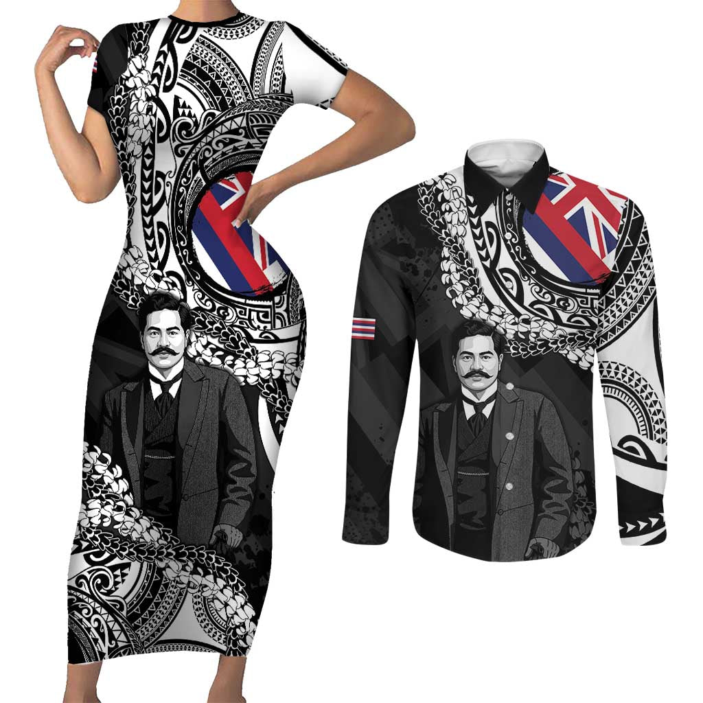 Personalised Hawaii Prince Kuhio Couples Matching Short Sleeve Bodycon Dress and Long Sleeve Button Shirt Hawaiian Maile Lei