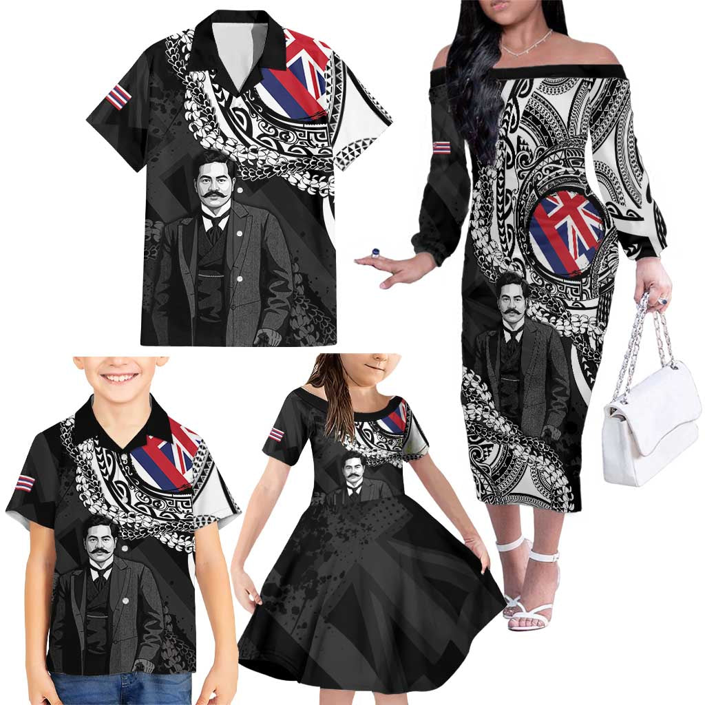 Personalised Hawaii Prince Kuhio Family Matching Off The Shoulder Long Sleeve Dress and Hawaiian Shirt Hawaiian Maile Lei LT05 - Polynesian Pride