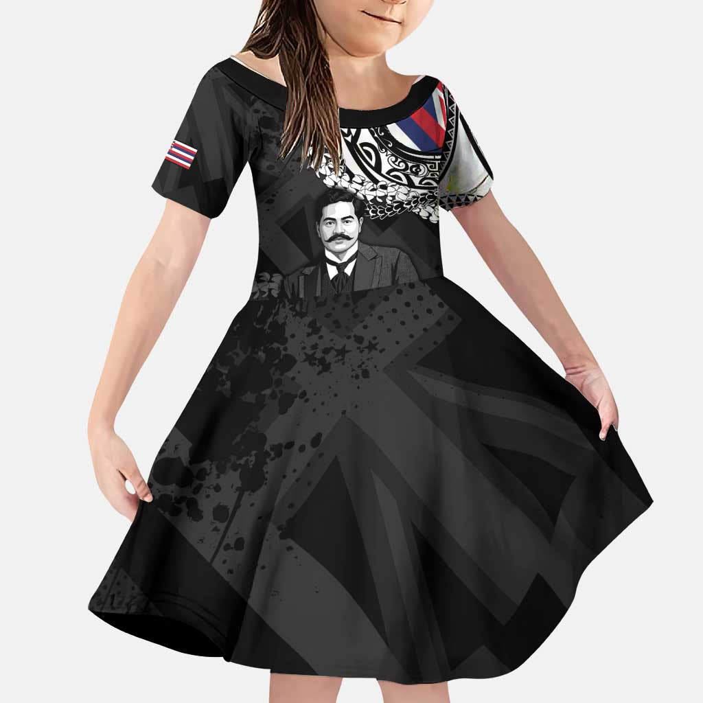 Personalised Hawaii Prince Kuhio Family Matching Off Shoulder Maxi Dress and Hawaiian Shirt Hawaiian Maile Lei LT05 Daughter's Dress Black - Polynesian Pride