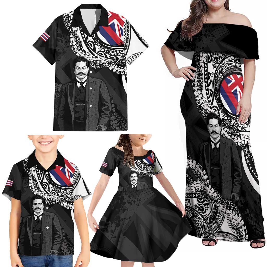 Personalised Hawaii Prince Kuhio Family Matching Off Shoulder Maxi Dress and Hawaiian Shirt Hawaiian Maile Lei LT05 - Polynesian Pride