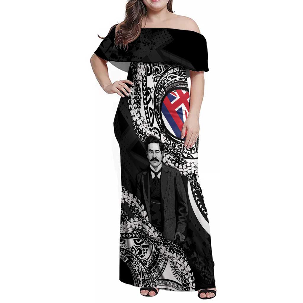 Personalised Hawaii Prince Kuhio Family Matching Off Shoulder Maxi Dress and Hawaiian Shirt Hawaiian Maile Lei LT05 Mom's Dress Black - Polynesian Pride