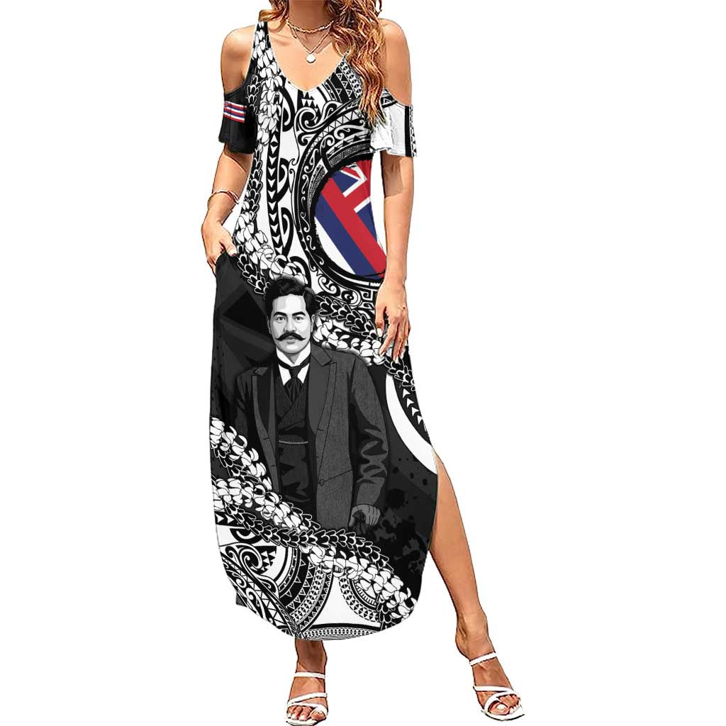 Personalised Hawaii Prince Kuhio Family Matching Summer Maxi Dress and Hawaiian Shirt Hawaiian Maile Lei LT05 Mom's Dress Black - Polynesian Pride