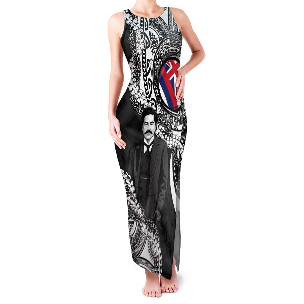 Personalised Hawaii Prince Kuhio Family Matching Tank Maxi Dress and Hawaiian Shirt Hawaiian Maile Lei LT05 Mom's Dress Black - Polynesian Pride