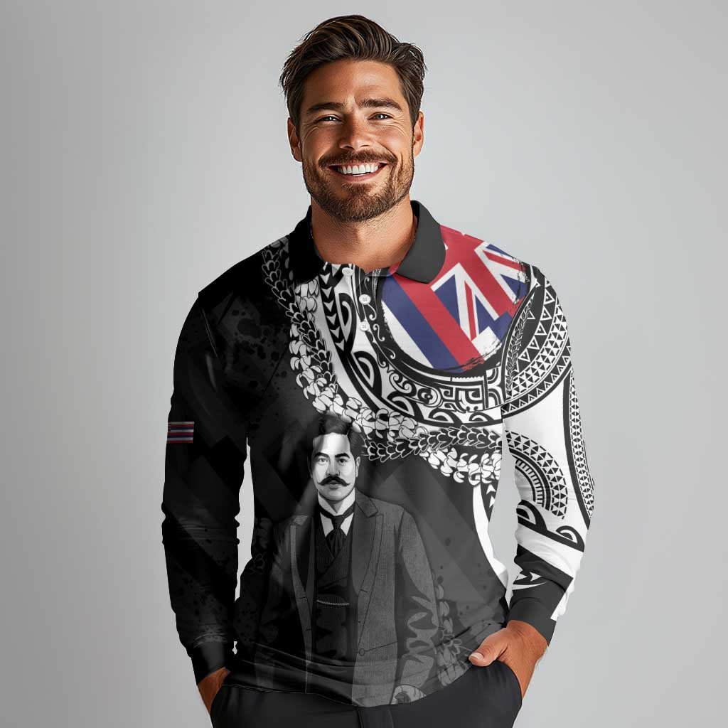 Personalised Hawaii Prince Kuhio Long Sleeve Polo Shirt Hawaiian Maile Lei