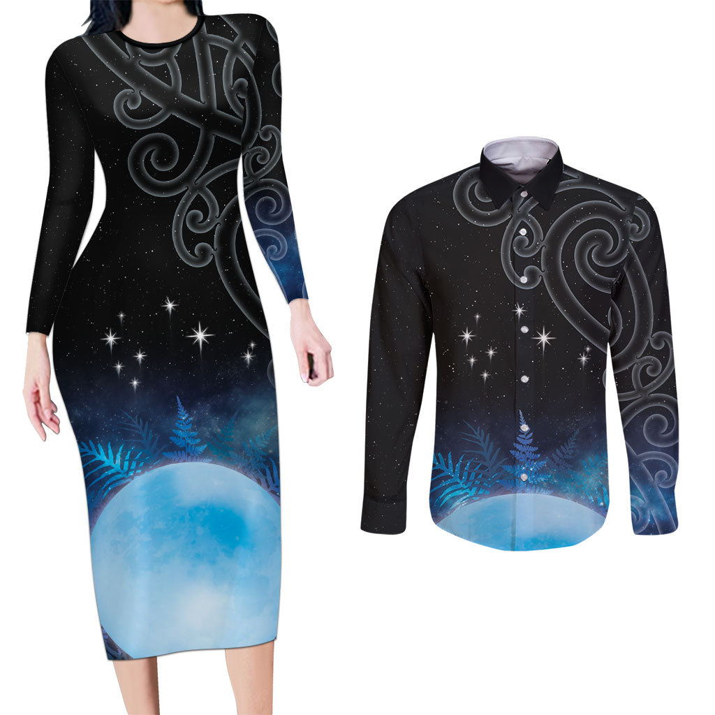 New Zealand Matariki Couples Matching Long Sleeve Bodycon Dress and Long Sleeve Button Shirt Pleiades Star Cluster Blue Galaxy