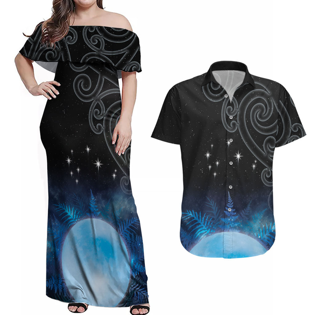 New Zealand Matariki Couples Matching Off Shoulder Maxi Dress and Hawaiian Shirt Pleiades Star Cluster Blue Galaxy LT05 Blue - Polynesian Pride