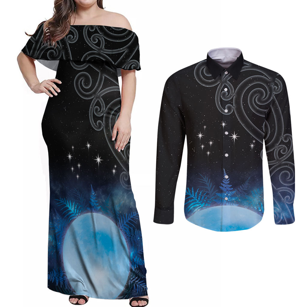New Zealand Matariki Couples Matching Off Shoulder Maxi Dress and Long Sleeve Button Shirt Pleiades Star Cluster Blue Galaxy