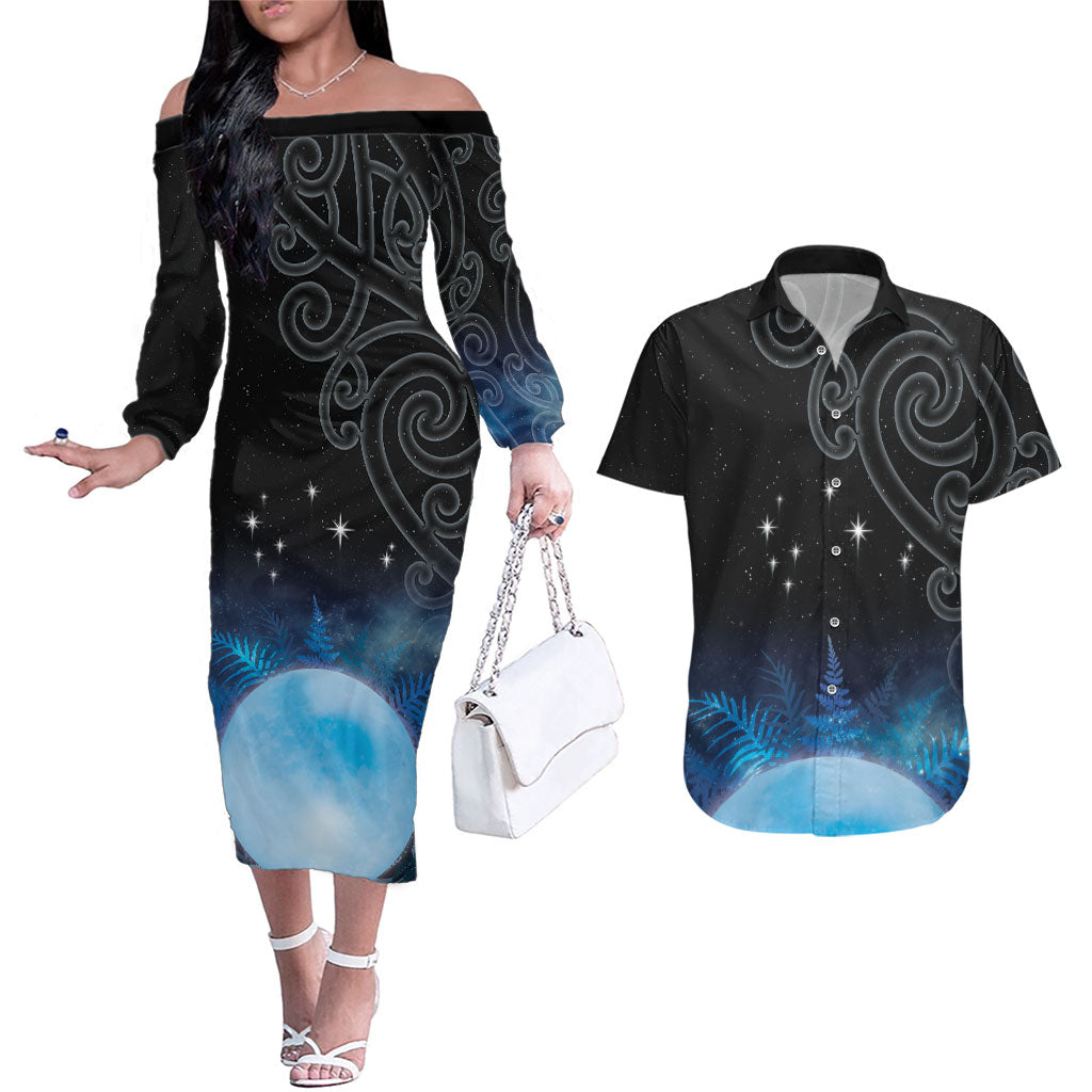 New Zealand Matariki Couples Matching Off The Shoulder Long Sleeve Dress and Hawaiian Shirt Pleiades Star Cluster Blue Galaxy LT05 Blue - Polynesian Pride
