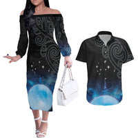 New Zealand Matariki Couples Matching Off The Shoulder Long Sleeve Dress and Hawaiian Shirt Pleiades Star Cluster Blue Galaxy LT05 Blue - Polynesian Pride