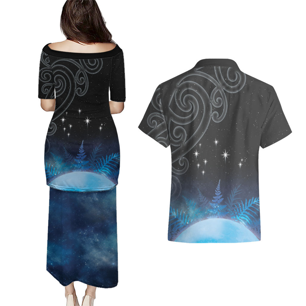 New Zealand Matariki Couples Matching Puletasi and Hawaiian Shirt Pleiades Star Cluster Blue Galaxy