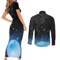 New Zealand Matariki Couples Matching Short Sleeve Bodycon Dress and Long Sleeve Button Shirt Pleiades Star Cluster Blue Galaxy LT05 - Polynesian Pride
