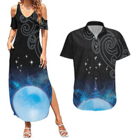 New Zealand Matariki Couples Matching Summer Maxi Dress and Hawaiian Shirt Pleiades Star Cluster Blue Galaxy LT05 Blue - Polynesian Pride