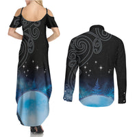 New Zealand Matariki Couples Matching Summer Maxi Dress and Long Sleeve Button Shirt Pleiades Star Cluster Blue Galaxy