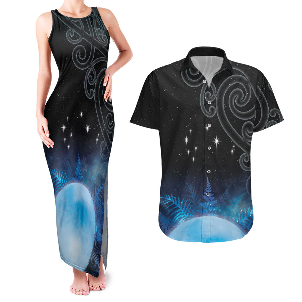 New Zealand Matariki Couples Matching Tank Maxi Dress and Hawaiian Shirt Pleiades Star Cluster Blue Galaxy