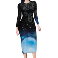 New Zealand Matariki Family Matching Long Sleeve Bodycon Dress and Hawaiian Shirt Pleiades Star Cluster Blue Galaxy LT05 Mom's Dress Blue - Polynesian Pride