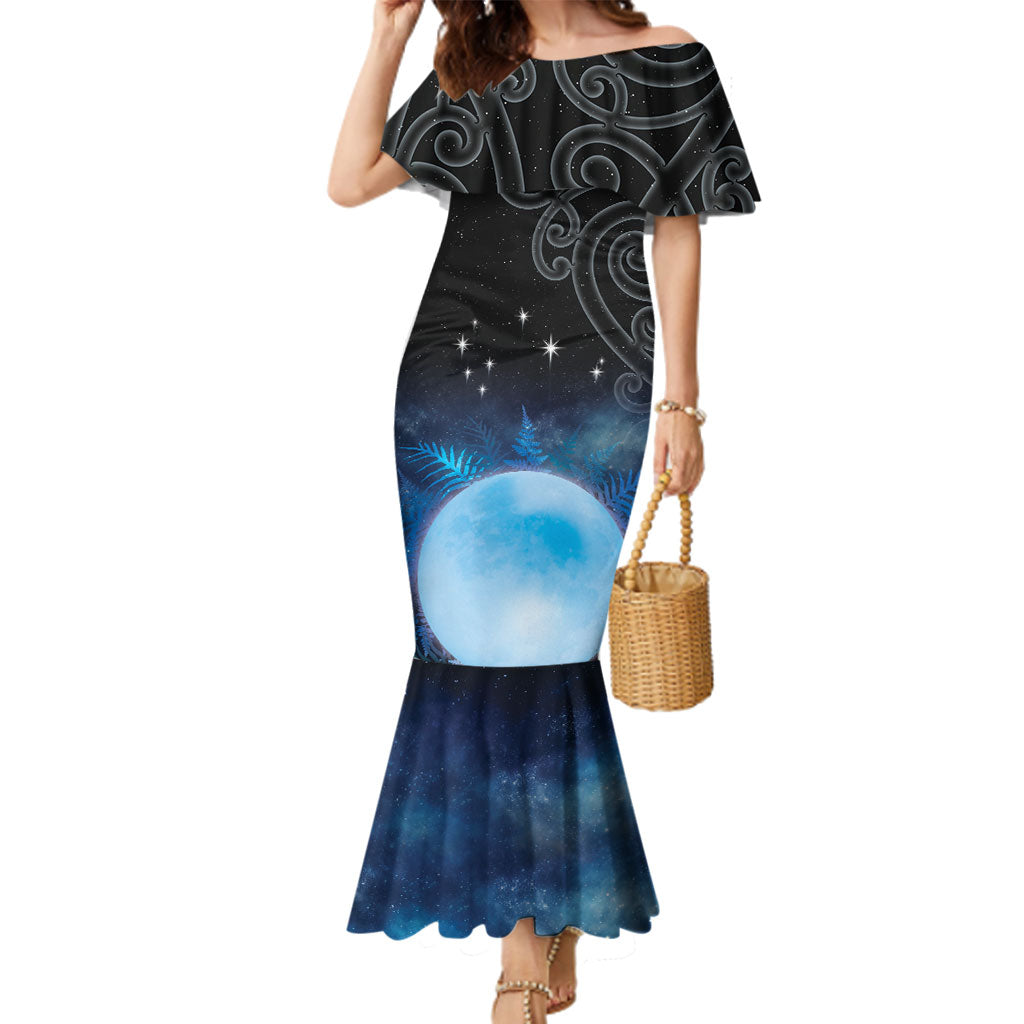 New Zealand Matariki Family Matching Mermaid Dress and Hawaiian Shirt Pleiades Star Cluster Blue Galaxy LT05 Mom's Dress Blue - Polynesian Pride