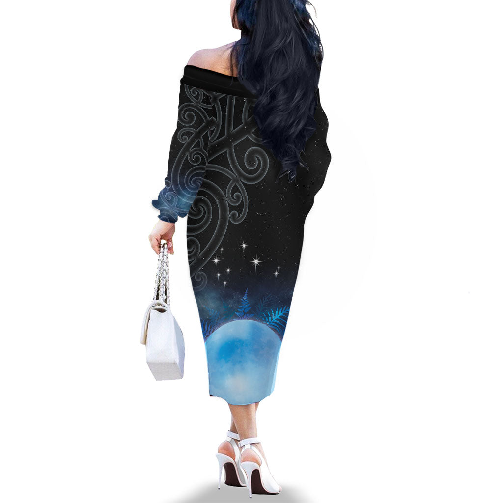 New Zealand Matariki Family Matching Off The Shoulder Long Sleeve Dress and Hawaiian Shirt Pleiades Star Cluster Blue Galaxy LT05 - Polynesian Pride