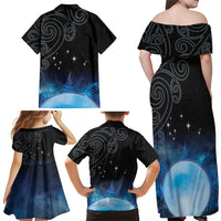 New Zealand Matariki Family Matching Off Shoulder Maxi Dress and Hawaiian Shirt Pleiades Star Cluster Blue Galaxy LT05 - Polynesian Pride