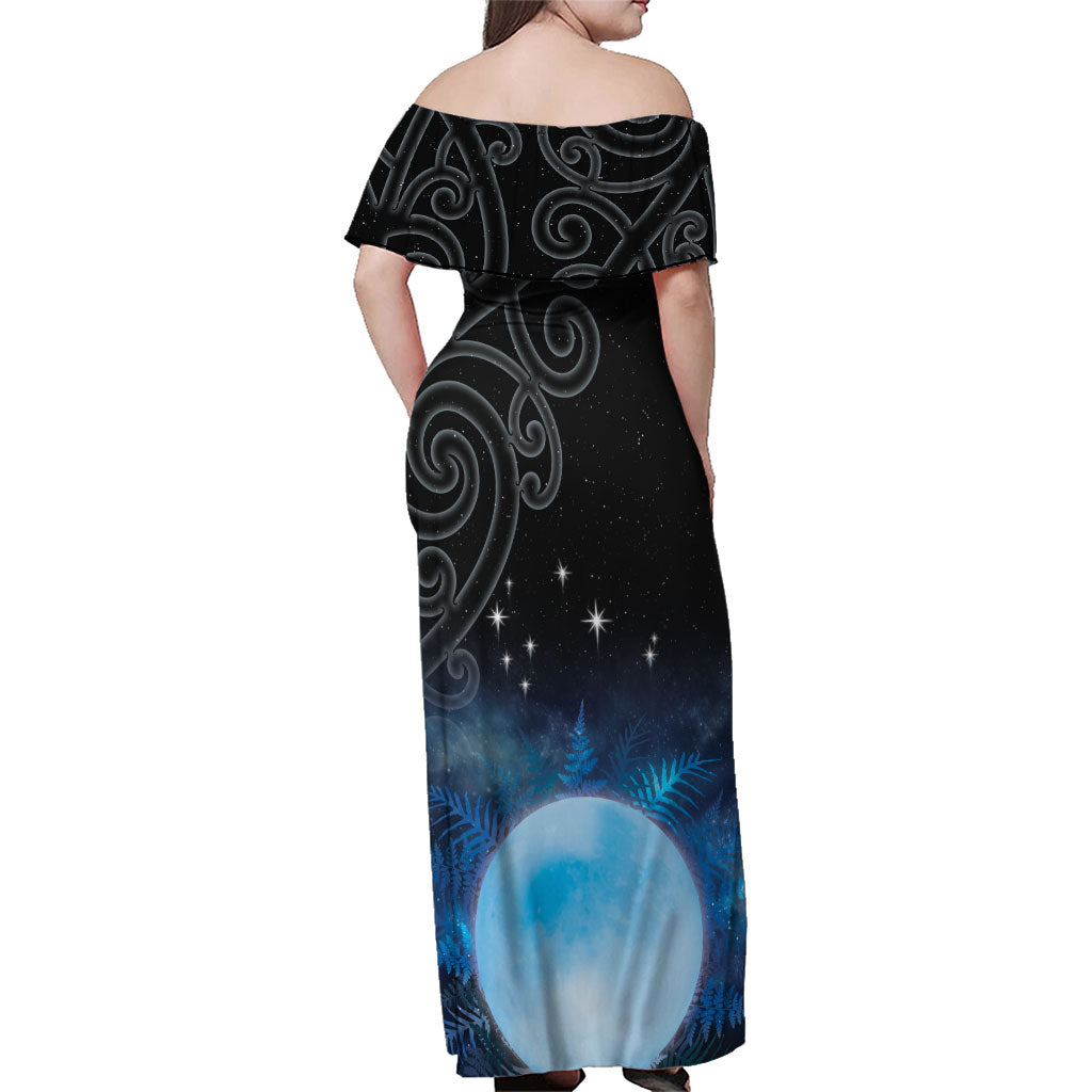 New Zealand Matariki Family Matching Off Shoulder Maxi Dress and Hawaiian Shirt Pleiades Star Cluster Blue Galaxy LT05 - Polynesian Pride