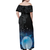 New Zealand Matariki Family Matching Off Shoulder Maxi Dress and Hawaiian Shirt Pleiades Star Cluster Blue Galaxy LT05 - Polynesian Pride