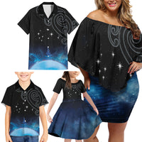 New Zealand Matariki Family Matching Off Shoulder Short Dress and Hawaiian Shirt Pleiades Star Cluster Blue Galaxy LT05 - Polynesian Pride
