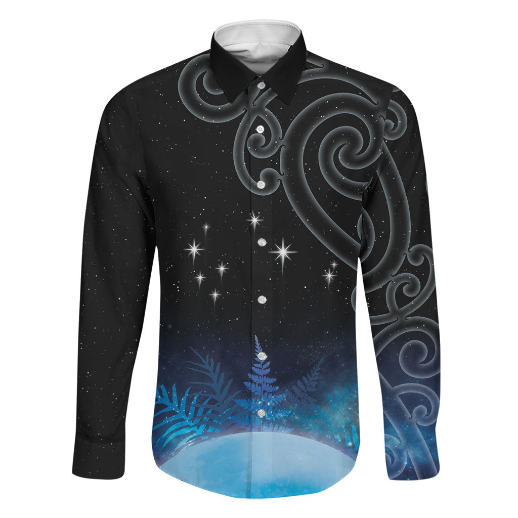 New Zealand Matariki Family Matching Summer Maxi Dress and Hawaiian Shirt Pleiades Star Cluster Blue Galaxy LT05 Dad's Shirt - Long Sleeve Blue - Polynesian Pride