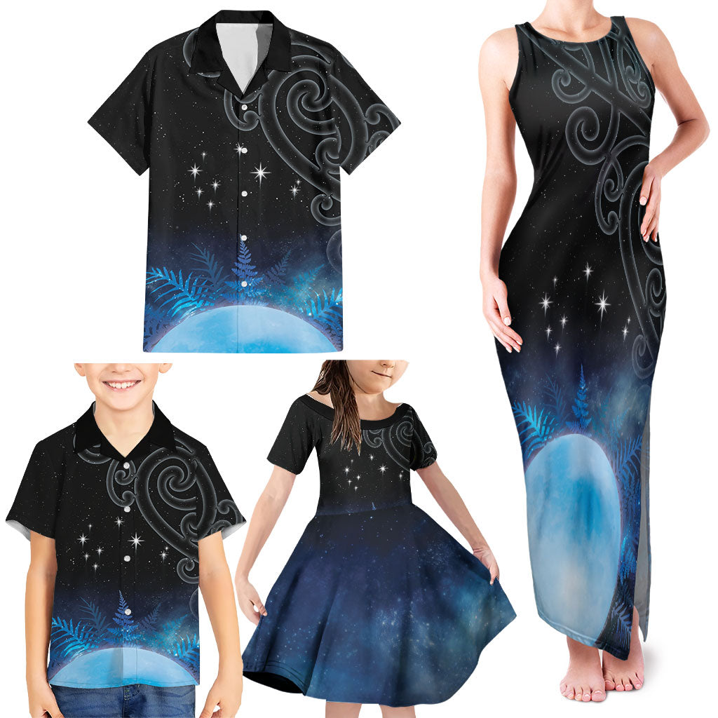 New Zealand Matariki Family Matching Tank Maxi Dress and Hawaiian Shirt Pleiades Star Cluster Blue Galaxy